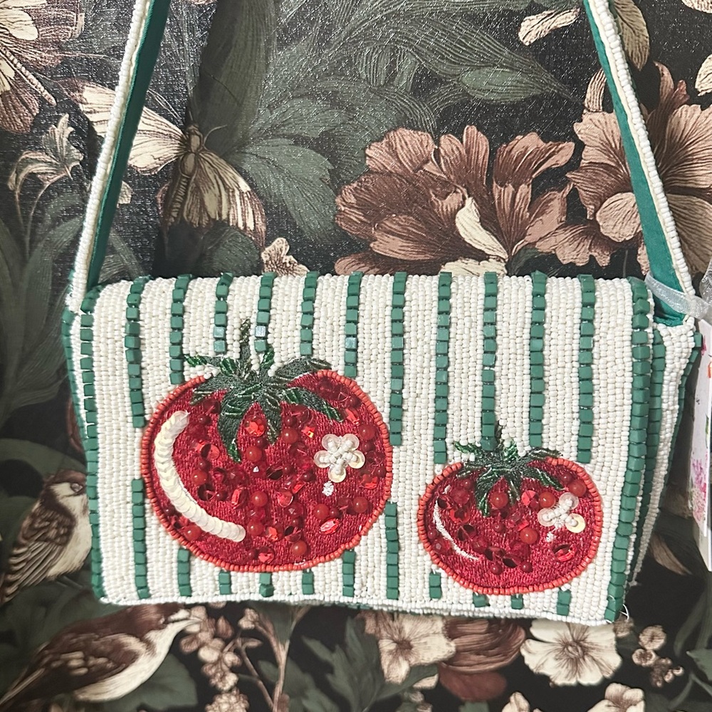 Viral Tomato Green Stripe and Red  Beaded Bag India